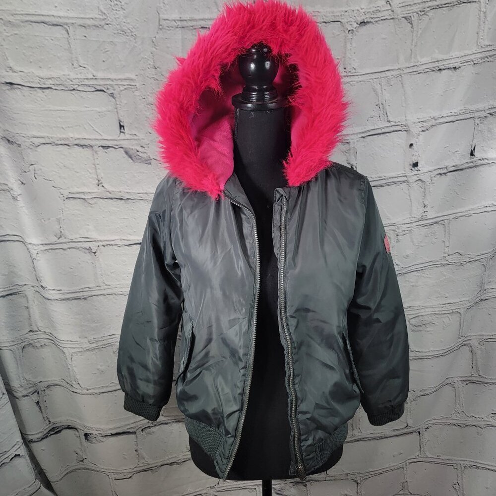 Calvin Klein Girls Winter Puffer‎ Coat Jacket Green Faux Fur Pink Trim Hooded 12